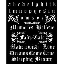 Stencil Stamperia Sleeping beauty alfabeto y frases 20x25 cms