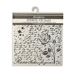 Stencil Stamperia Rose Parfum manuscrito con rosa  18x18 cms
