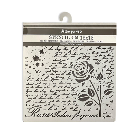 Stencil Stamperia Rose Parfum manuscrito con rosa  18x18 cms