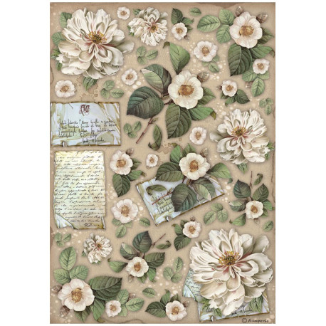 Papel de Arroz  Stamperia Vintage Library Flores y cartas A-4