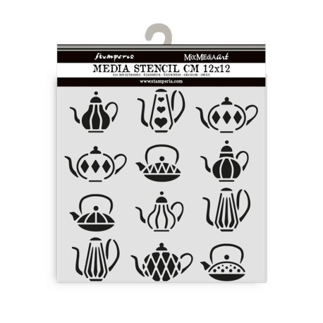 Stencil 12x12 Stamperia Alice in Christmas tea pots