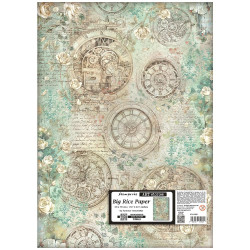 Hoja Papel  Arroz Stamperia 50x70 cms. Gardens of Time relojes y rosas
