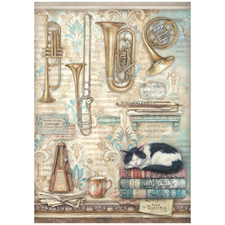 Papel de Arroz Stamperia Symphony trompetas y gatos